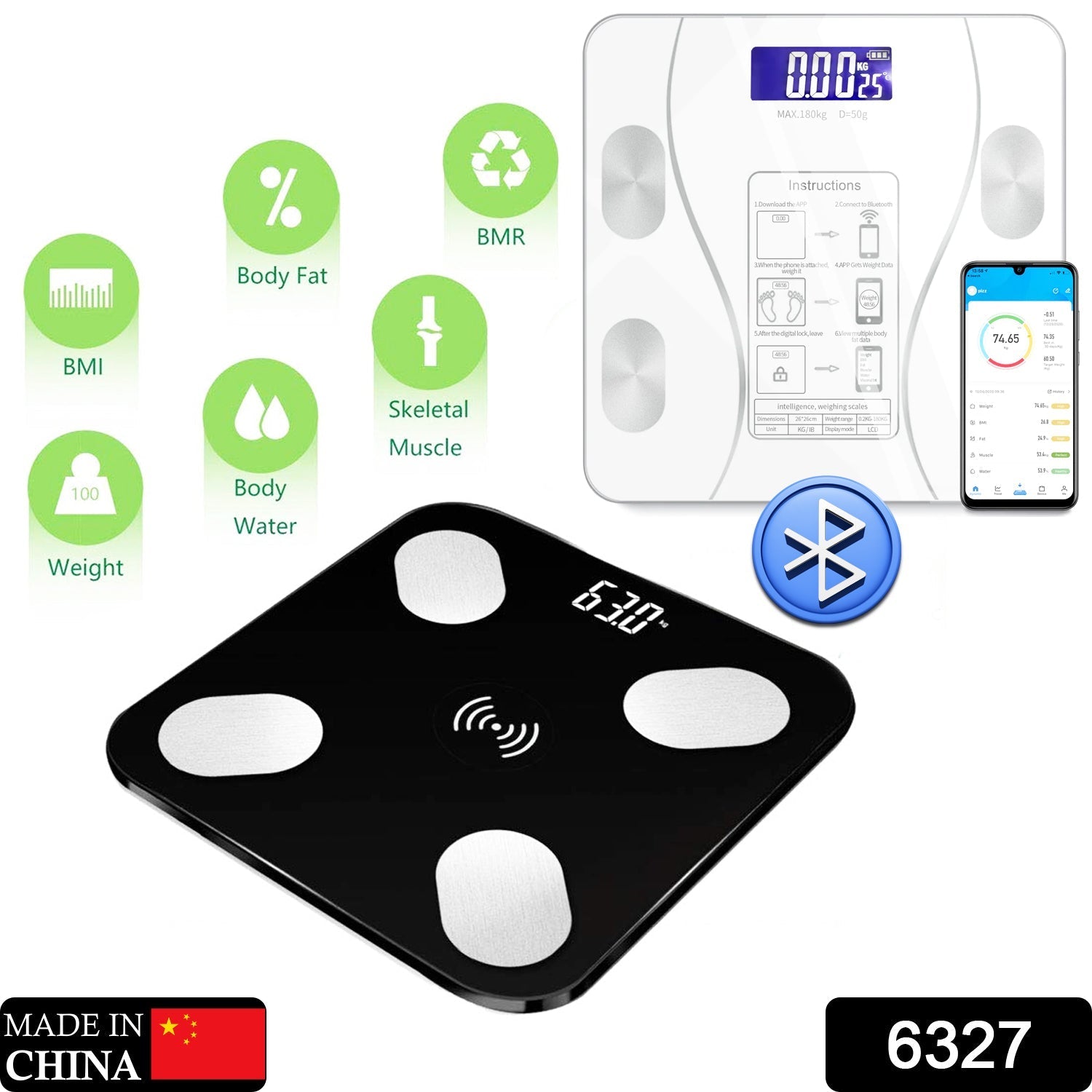 6327 Bluetooth Body Fat Scale Digital Smart Body Weight Scale iOS and Android App to Manage Body Weight, Body Fat, Water, Muscle Mass, BMI, BMR, Bone Mass and Visceral Fat with BMI Scale 
