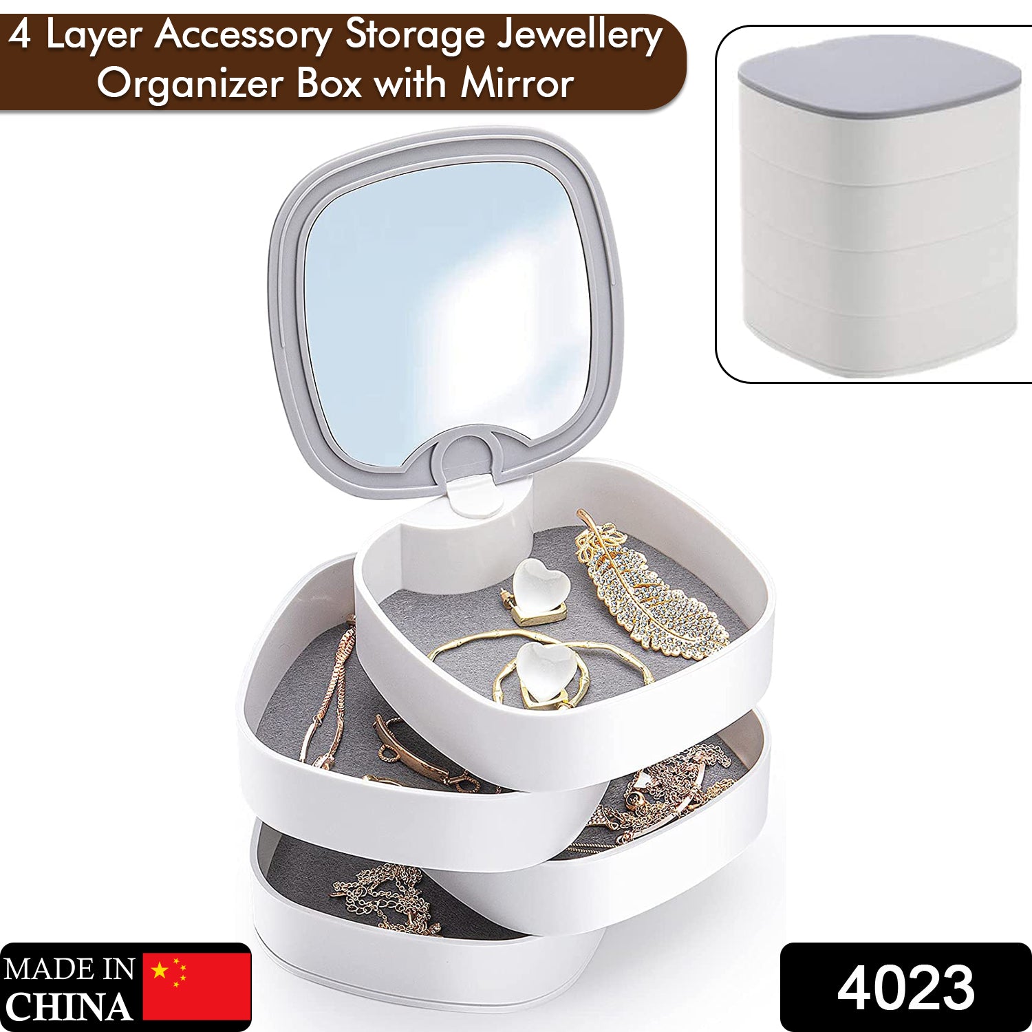4023 4 Layers Jewellery Box, 360 Degree Rotating Jewelry Box, Jewelry and Earring Organizer Box with Mirror, Accessory Storage Box (Multicolor) 